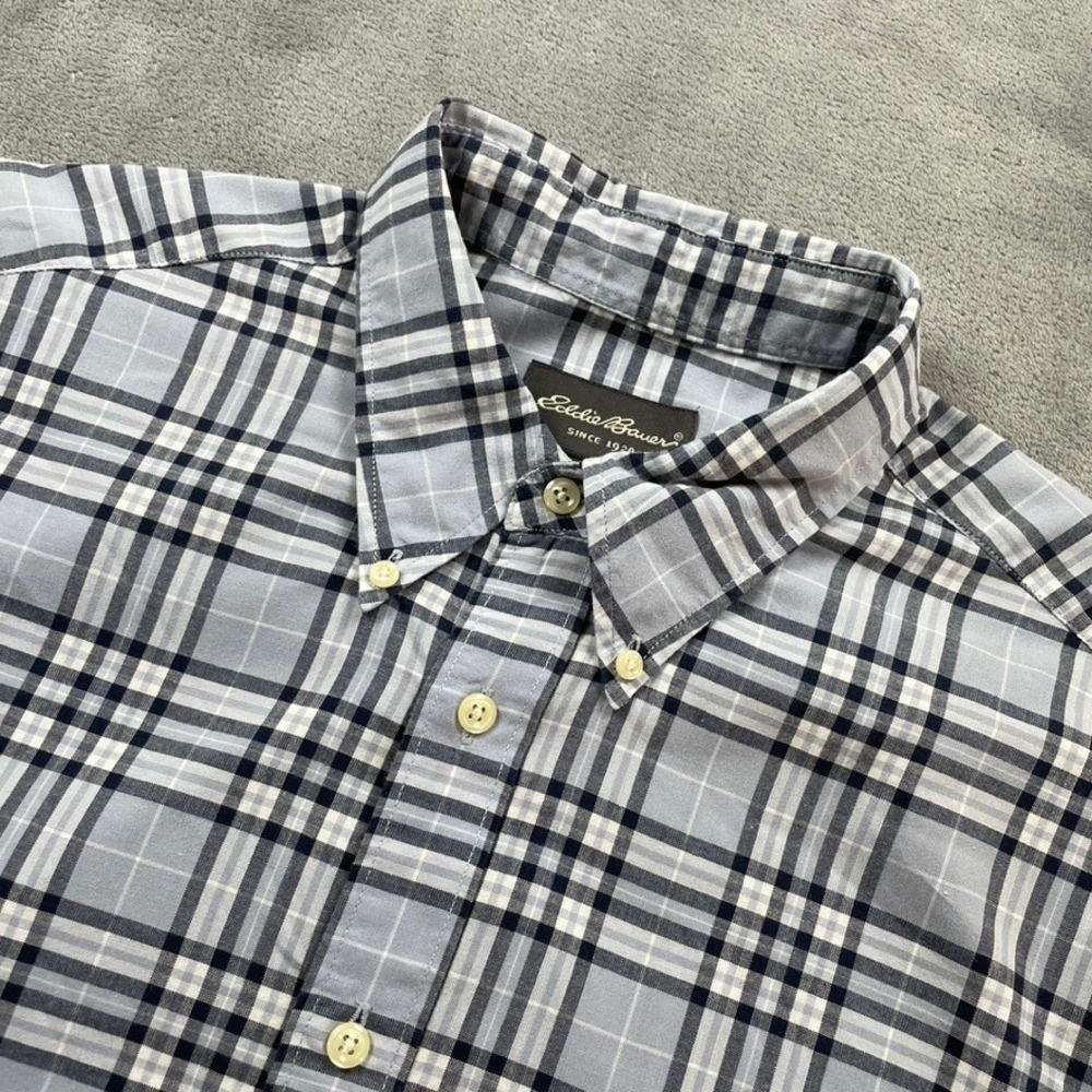 Eddie Bauer Mens Tall XL Blue White‎ Plaid Short Sleeve Cotton Button Down Shirt